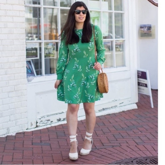 Ann Taylor LOFT Floral Long Sleeve A-Line Mini Dress Boho Green 6 - Picture 3 of 12